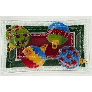 Peggy Karr Glass Christmas Ornaments 10" Tray Plate Handmade Art Glass‎ USA Made